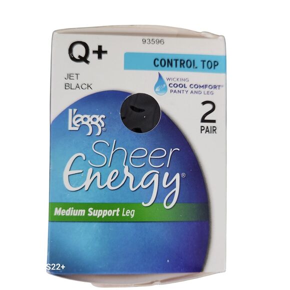 Leggs Sheer Energy Pantyhose Womn SZ Q+ Medium Support Leg Jet Black Control Top - Picture 1 of 4